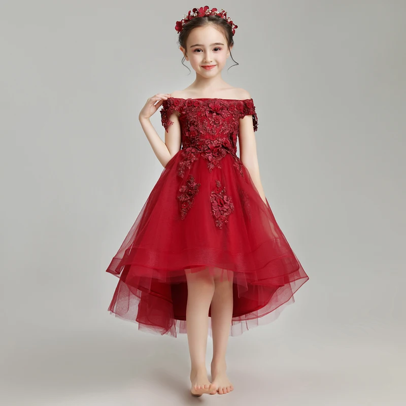 Кружевное платье с цветочной аппликацией для девочек элегантное Бордовое