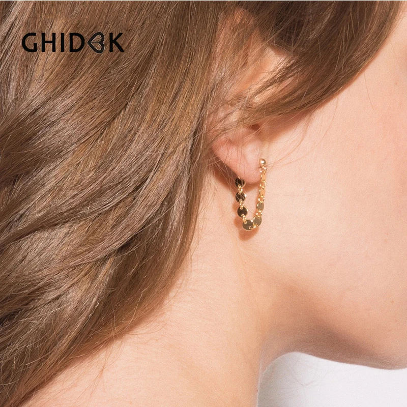 Серьги гвоздики GHIDBK золотистого и серебристого цвета с шариком 4 мм цепочкой в
