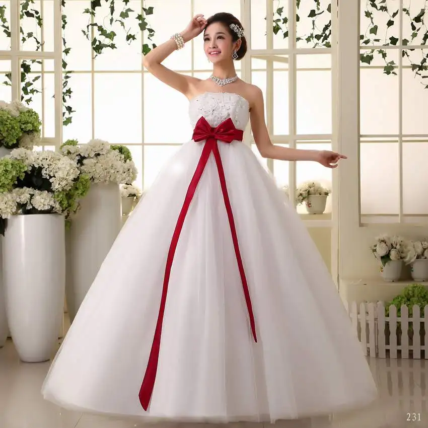 2017 new stock plus size women pregnant bridal gown wedding dress ball gown white red satin big bow sexy strapless long 231