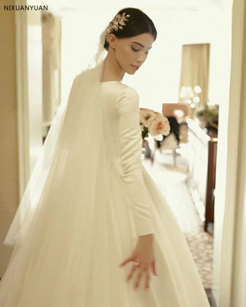 Простое арабское мусульманское свадебное платье с длинным рукавом Vestido De Noiva элегантное ТРАПЕЦИЕВИДНОЕ свадебное платье со шлейфом Chaep