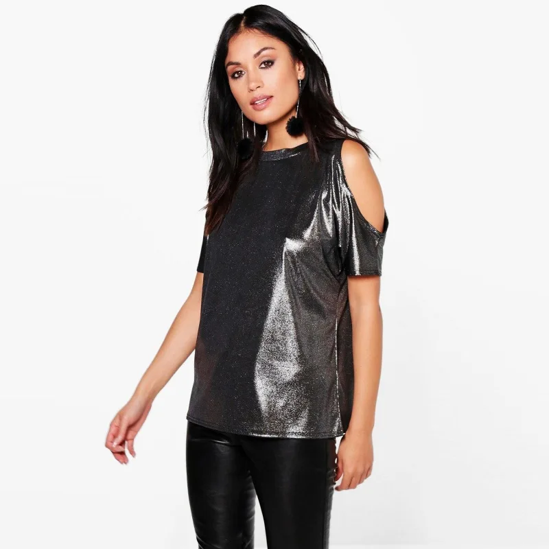 Лето Серебристо-Серый Футболка Женщины Холодного Плеча Топы О Шеи Короткий Рукав