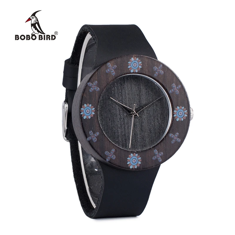BOBO BIRD WD25 Womens Ebony Vintage Wooden Watch Ladies UV Print Flower Wood Watches Customize Gift Box | Наручные часы
