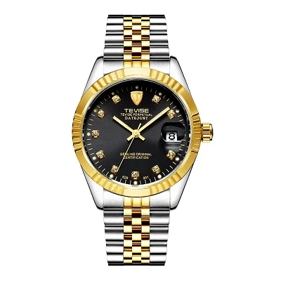 Gold Black TEVISE мужские часы Модные Роскошные наручные часы водонепроницаемые полуавтоматические механические часы светящиеся Спортивные Повседневные часы relogio - Цвет: Gold Black