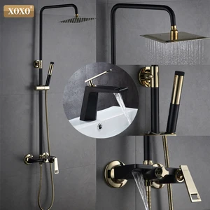 Смеситель для душа XOXO, медный кран для ванны с золотым и черным покрытием, настенный, набор Водопад
