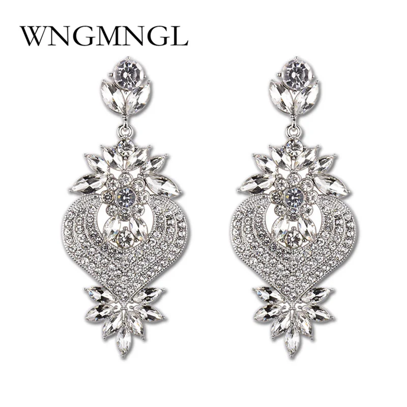 

WNGMNGL Gold Siver Color Large Drop Earrings Bride Flower Shape Crystal Earrings for Women Rhinestone Dangle Wedding Earring
