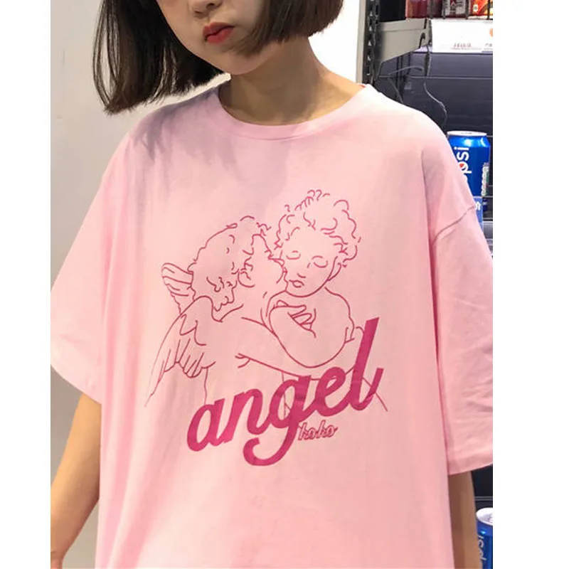 Милая женская футболка с крыльями ангела белая розовая повседневная полиэфирная
