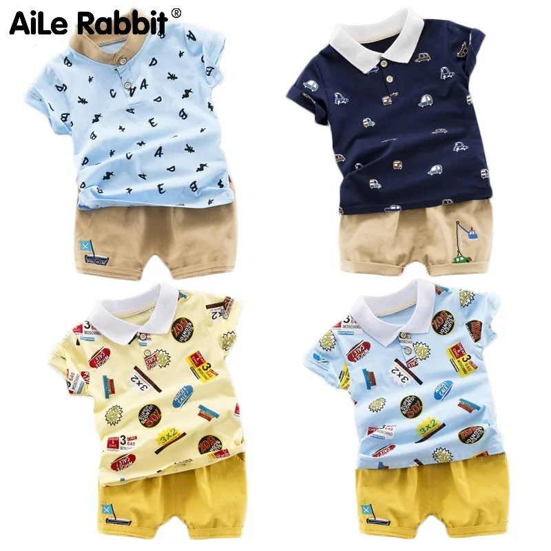 

AiLe Rabbit 2019 summer new Korean version of the tide sports boy shirt set baby foreign short sleeve two-piece k1