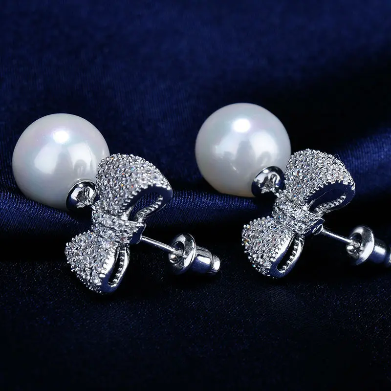 Серьги подвески женские с бантом и фианитом серебряное покрытие|dangle earrings for