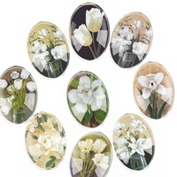 handmade glass mix size white flowers oval flatback cameo cabochon domed diy jewelry charm photo pendant setting