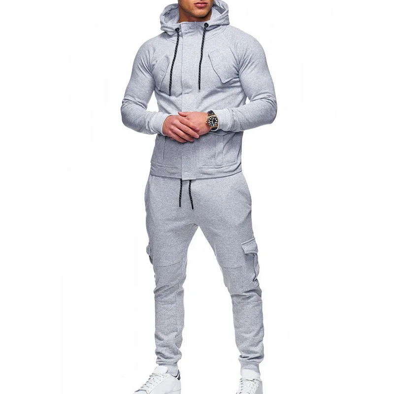 light gray Litthing, модный весенний комплект из 2 предметов, мужской Однотонный свитер+ штаны, спортивные костюмы, повседневная спортивная одежда с карманами и завязками - Цвет: light gray