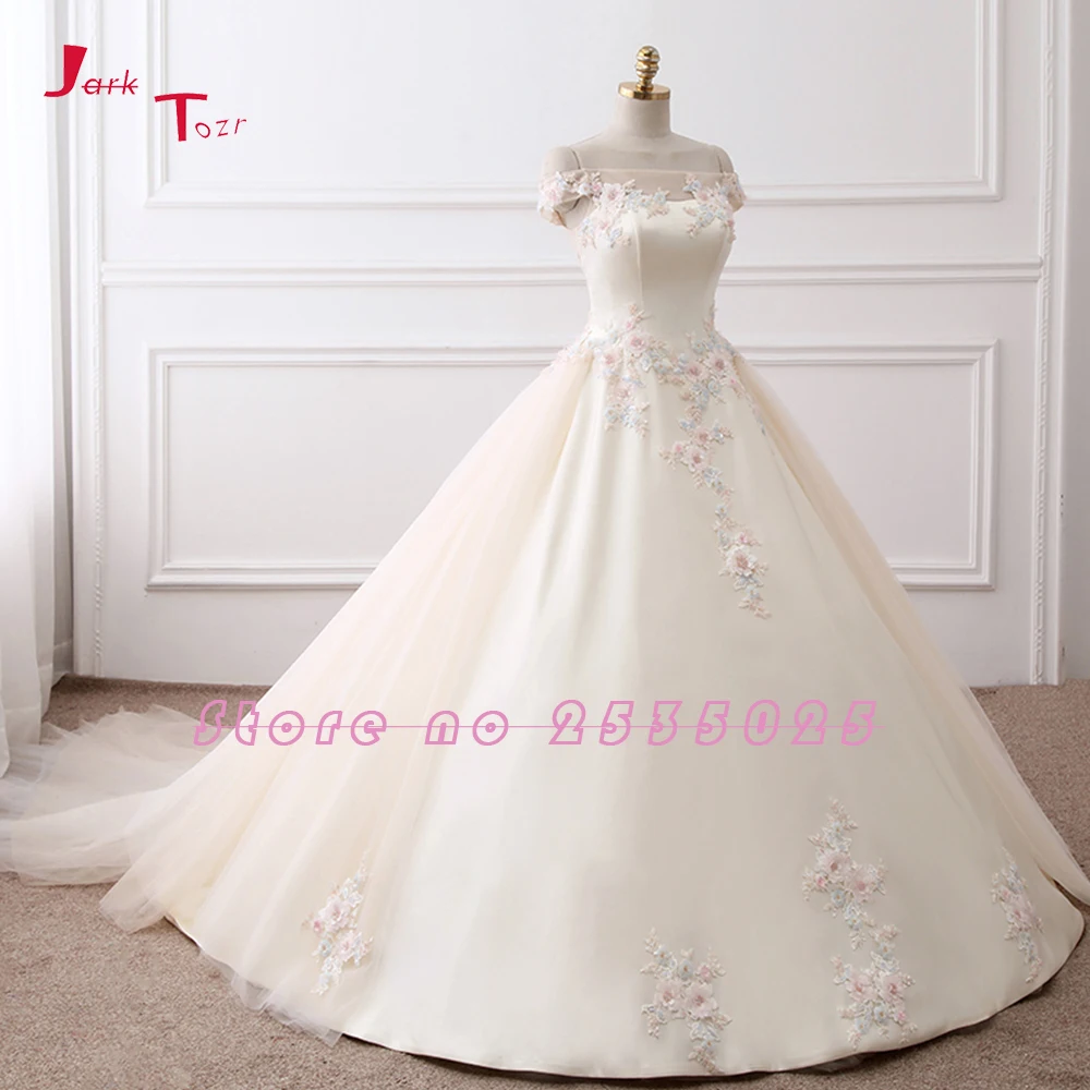 Jark Tozr New Arrive Boat Neck Short Sleeve Colorful Appliques Flowers Shiny Beading Crystal Satin Wedding Dress Casamento | Свадьбы и