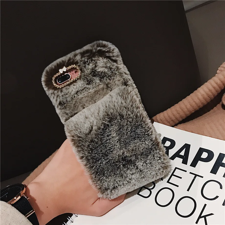 Case for IPhone Xs Max Xr X 6 6S 7 8 Plus 10 3D Cute Rabbit Hairy Warm Fur Bling Rhinestone Plush Wristband Strap Soft TPU Shell |