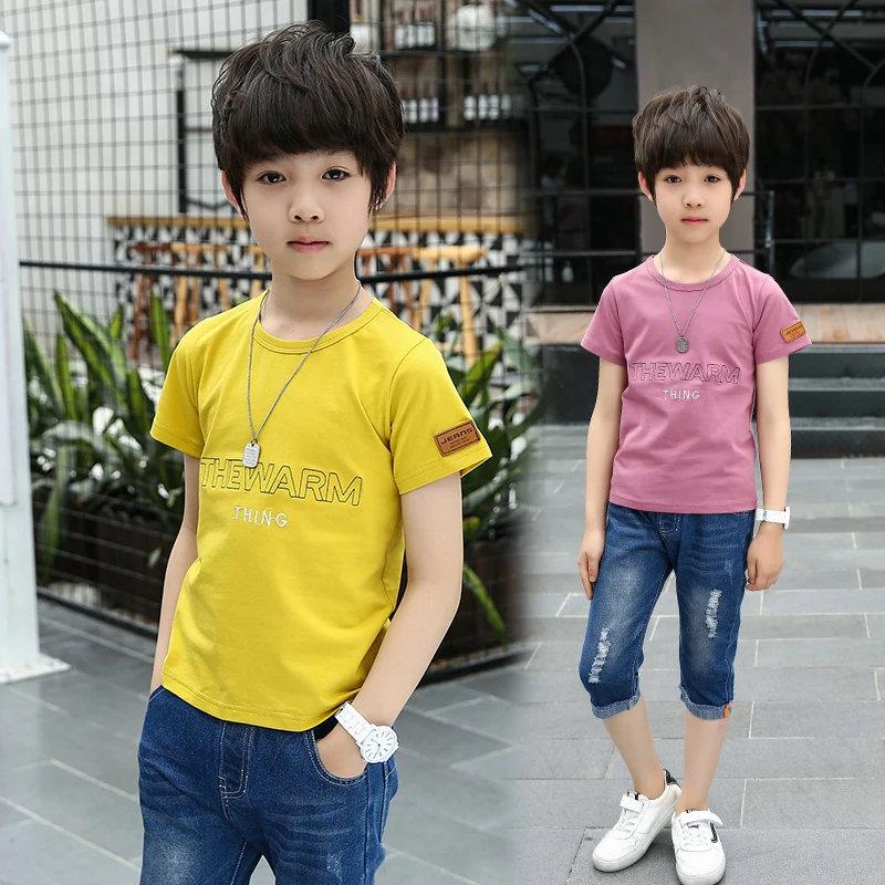 FYH Summer Kids Clothing Boys Short Sleeve T-shirt+Denim Pants Children Cotton T-shirt+Pants 2pcs School Clothes Suit 5-14Y |