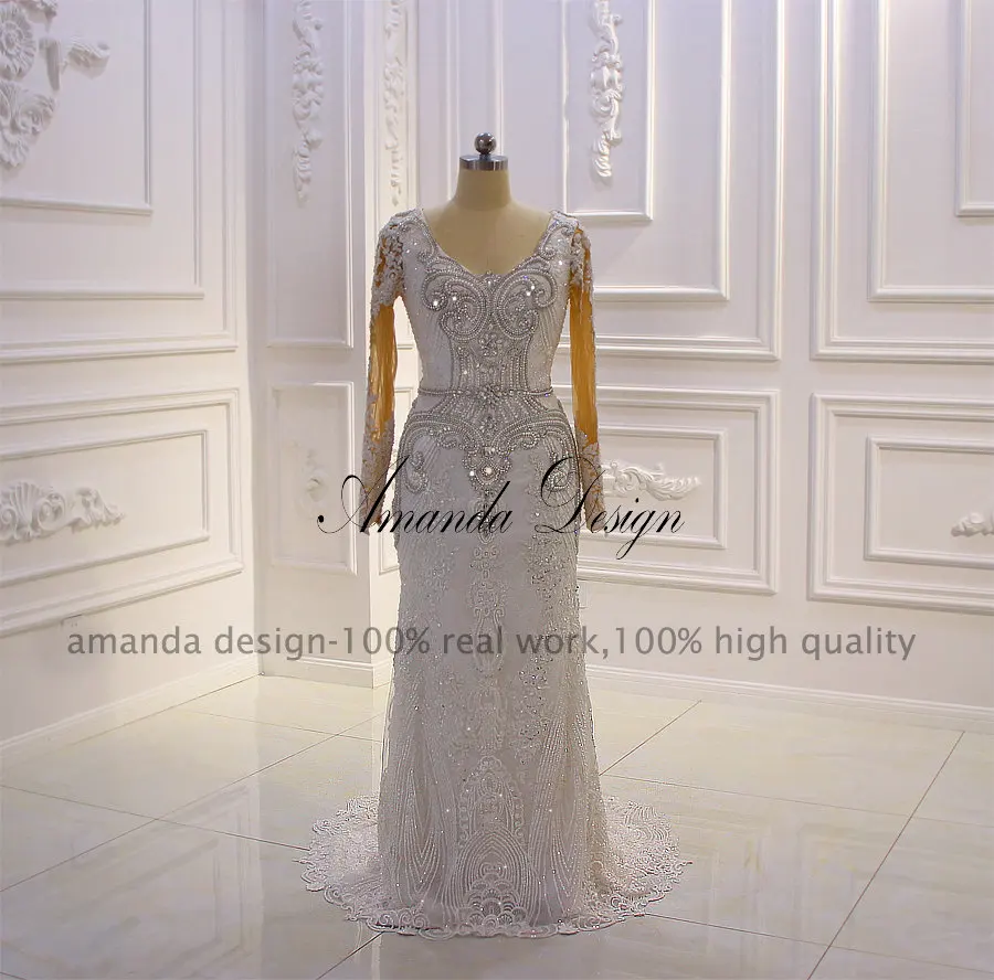 Аманда дизайн robe de mariage sirene длинный рукав горный хрусталь Съемная юбка свадебное платье