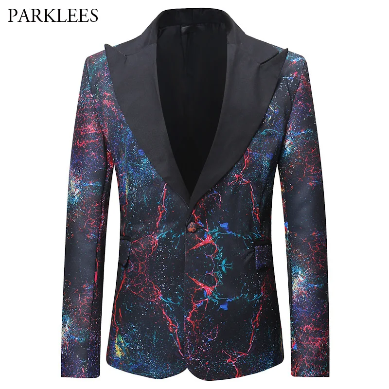 

Personality Printed Suit Blazer Men 2018 Autumn New Slim Fit Single Breasted Suit Jacket Men Black Print Wedding Party Blazers