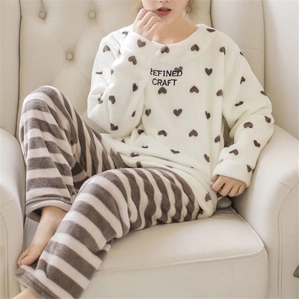 Женские теплые фланелевые толстые пижамы мягкие осенне-зимние полосатые штаны