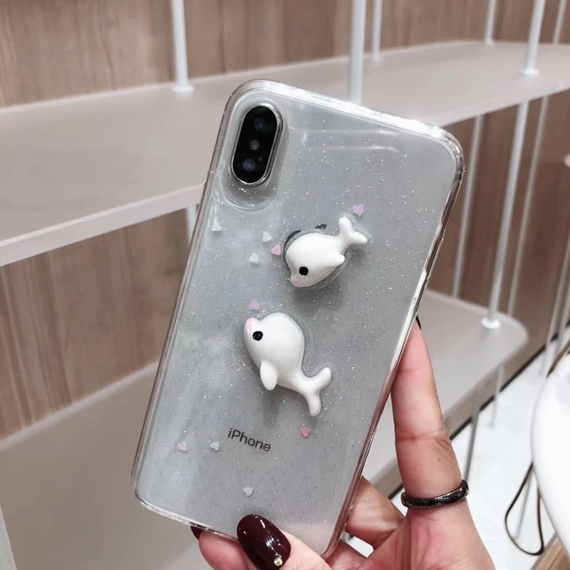 Cute Cartoon 3D Dolphin Phone Cases on For iPhone X XS Max 6 6s 7 8 Plus XR Love Transparent Soft Silicone Tpu Cover Coque Gift |