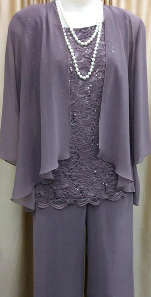 

women 3 pieces lace chiffon mother of the bride dress pants suit with jacket outfit 3/4 sleeves for wedding groom