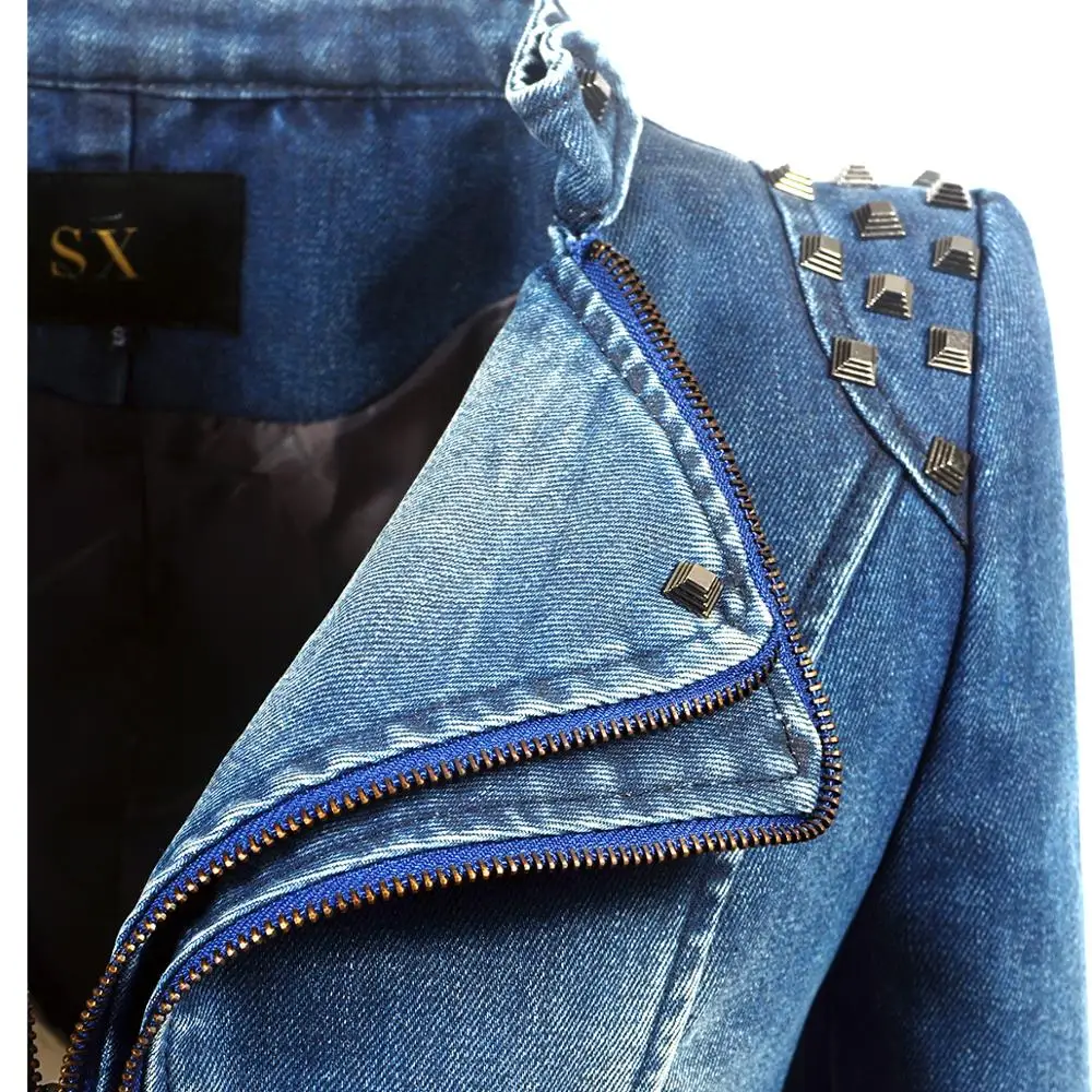 SX женская джинсовая короткая приталенная куртка с заклепками мотоциклетная