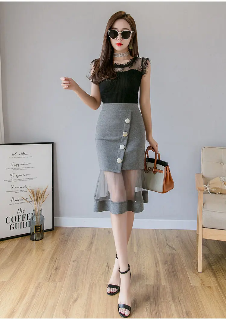 S-5XL New Women Skirt High waist Mesh patchwork Mermaid Skirt Slim Sexy Pencil Skirt Elegant button Office Ladies Skirts