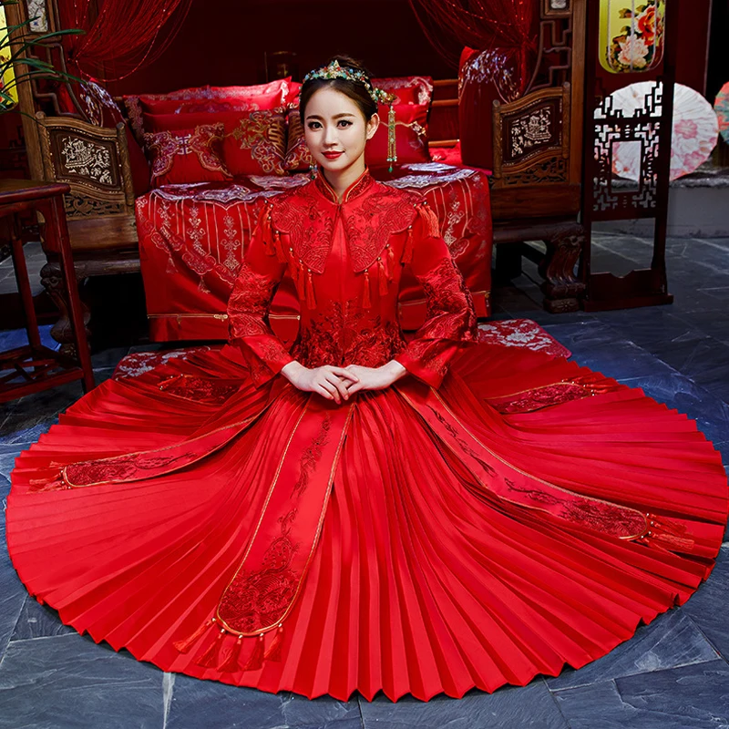 Красное официальное платье королевская свадьба cheongsam стиль костюм невесты Винтаж Китайская традиционная вышивка Феникс Тан костюм Ципао