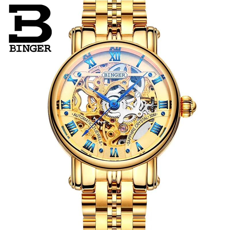 BINGER Luxury Gold Automatic Watches Skeleton Fashion Business Watch Men Mechanical Wristwatch Full Steel relogio masculino - Цвет: Women watch 03