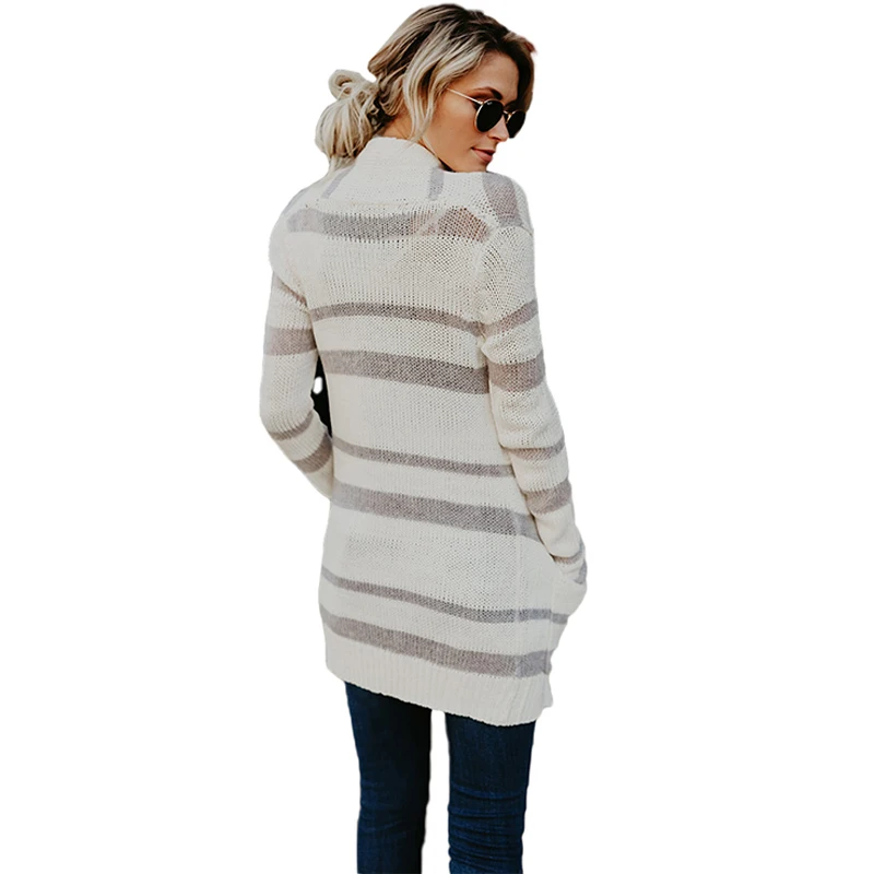 Liva Girl Spring 2019 Woman Long Sleeve Cardigan knitted Striped Sweater with Pocket Female Lady Loose Cardigans Clothing |