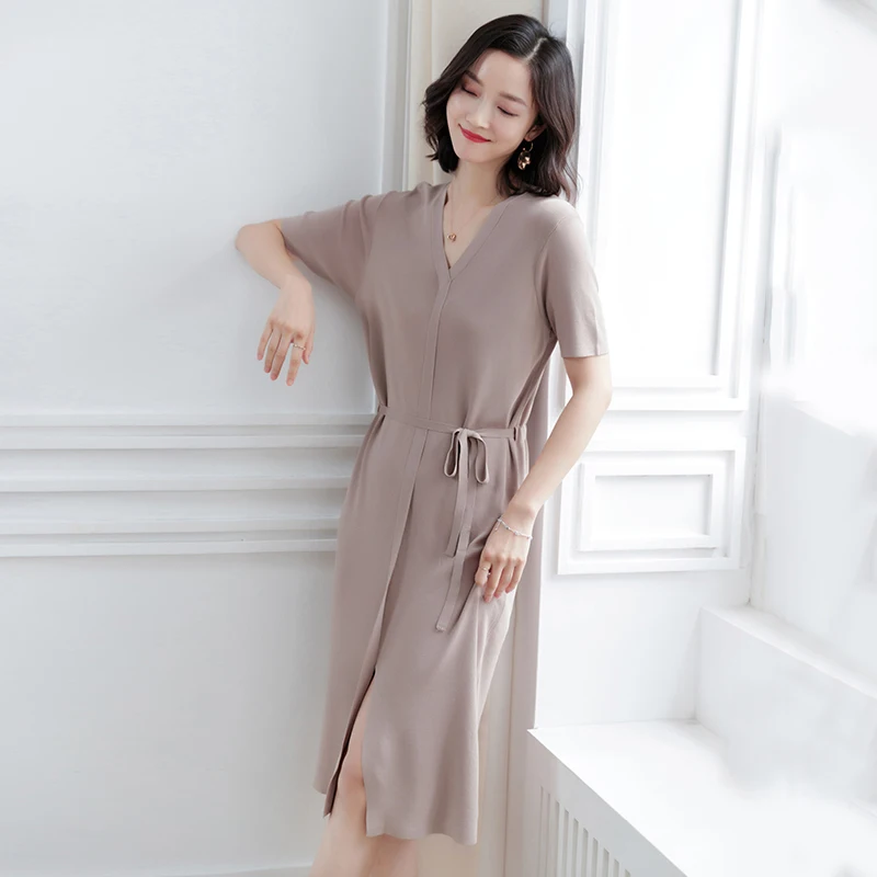 2XL Брендовое платье женское весна-лето 2019 новое однотонное с v-образным вырезом