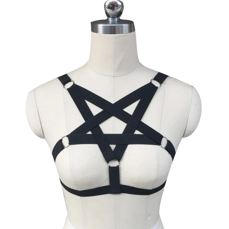 10 piece Women pastel goth black pentagram body harness sexy lingerie spandex harajuku cage bra bondage harness Star harness bra
