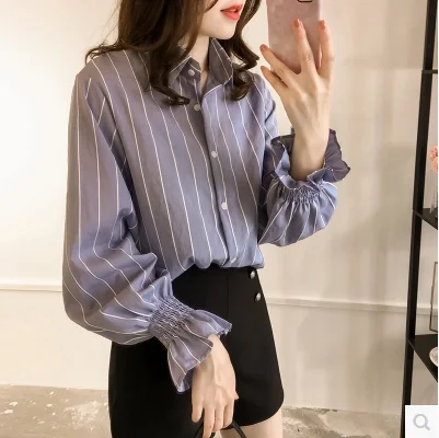 M-4xl размера плюс, полосатые женские блузки Mujer, весна-осень, повседневные офисные корейские блузки с длинным рукавом, свободные Рубашки, Топы синего и белого цвета - Цвет: blue