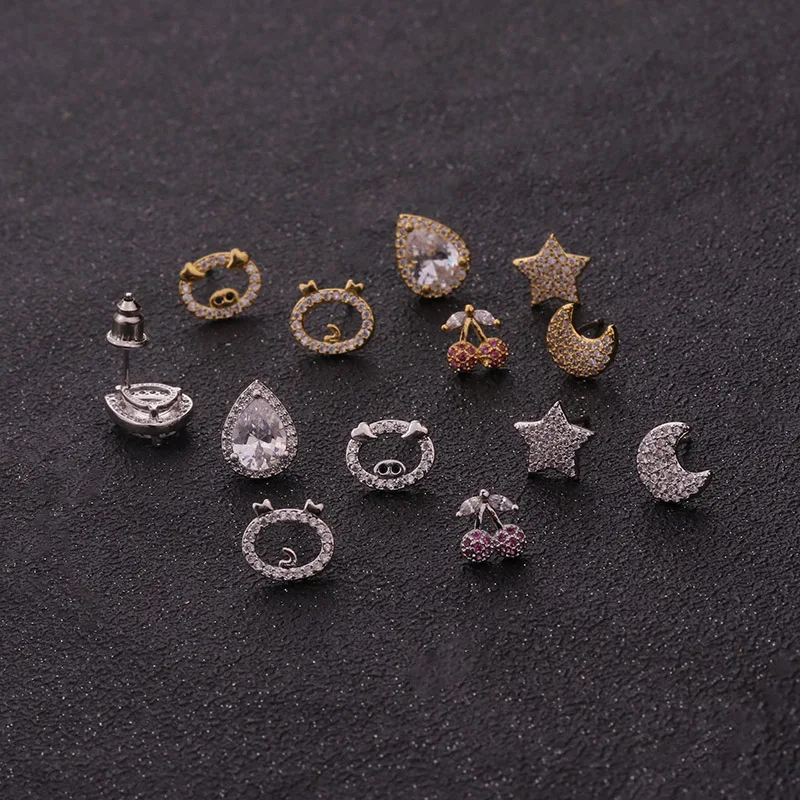 Серьги гвоздики Sellsets с фианитами изящная серьга серебряная и Золотая Звезда Луна