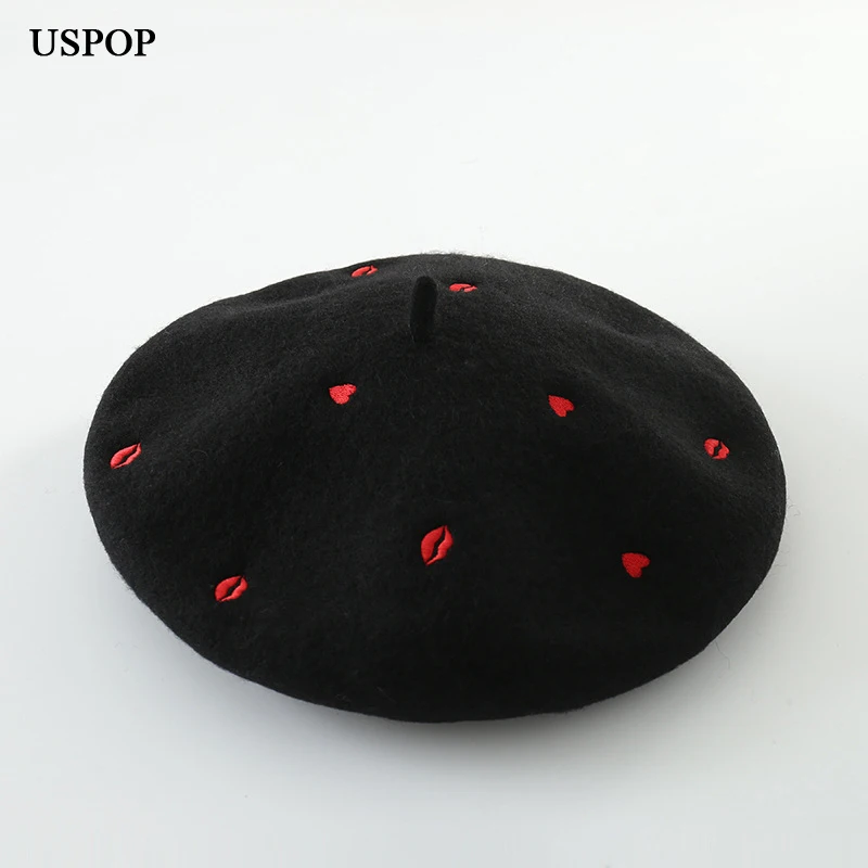 

USPOP winter hat for women 100% wool beret fashion heart embroidery beret cap female thick warm woolen hat