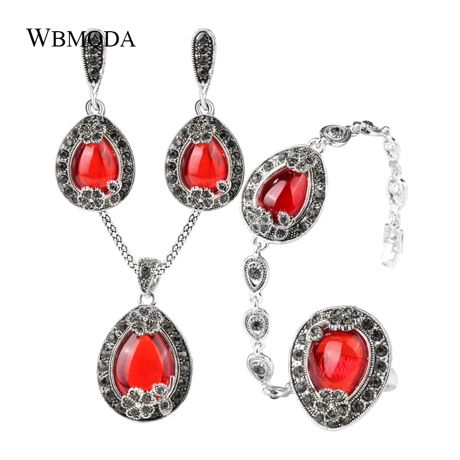 

4 Pcs/lot Vintage Silver Plated Bridal Jewelry Sets Bohemian Gray Crystal Flower Red Green Stone Earrings Necklace Ring Bracelet