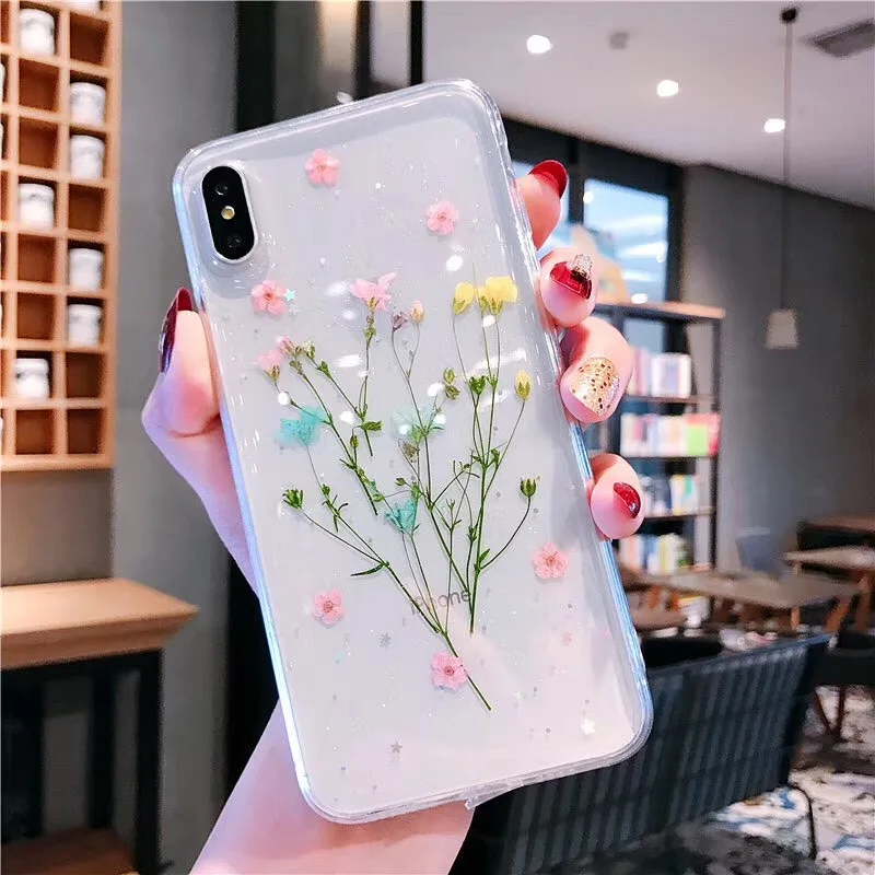 Прозрачный чехол Tfshining с настоящими высушенными цветами для iPhone 12 11 Pro Max 7 8 Plus X 6S XS