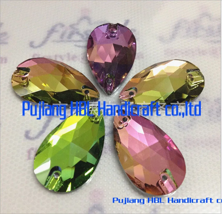 

Free Shipping 17X28MM 15pcs Rainbow Colour sew on resin stones flat back sew on teardrop beads