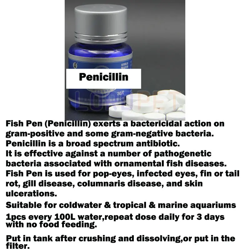 penicillin Аквариумные рыбки, лекарственные препараты широкого спектра, медицинские базовые медицинские препараты, 30 шт. таблеток, белое пятно, Fluke Wormer - Цвет: penicillin