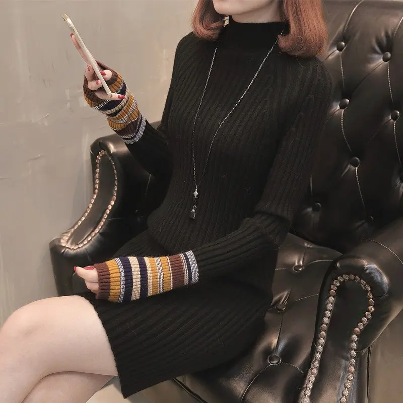 2019 New Autumn Winter Warm Sweater Dress Women Slim Bodycon Female Half high collar Long Sleeve Knitted Vestidos | Женская одежда
