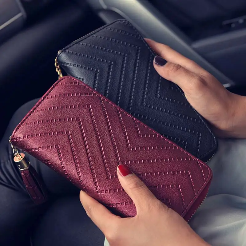 2017 New Fashion Women Casual Wallet Solid Color Leather Tassel Wave Pattern Long Style Ladies Coin Zippered Purse BS88 | Багаж и сумки