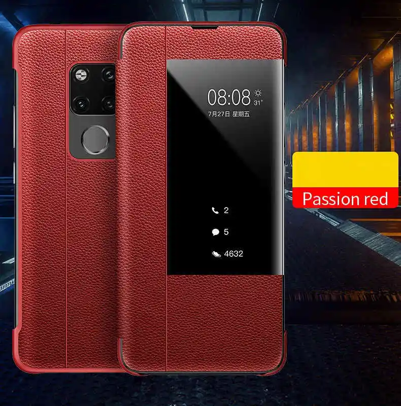 red Smart Touch Window View Genuine Leather Flip Cover Case For Huawei P30 P20 lite Mate 9 10 20 Pro Phone Case For Huawei P10 Plus - Цвет: red