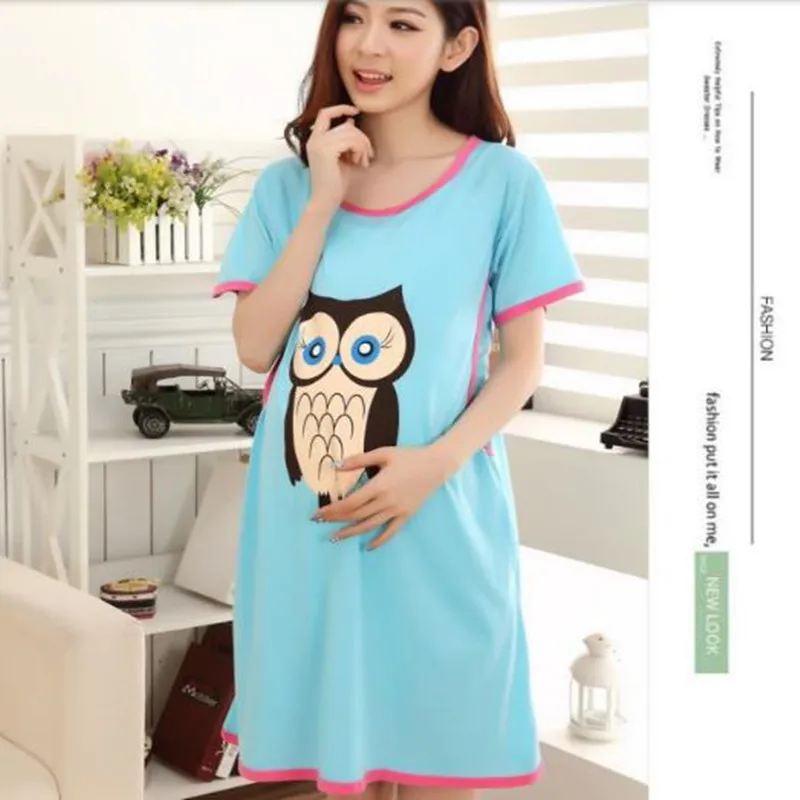 sky blue Одежда для беременных и кормящих мам летние платья для сна с коротким рукавом для грудного вскармливания пижамы для беременных женщин верхняя одежда D0025 - Цвет: sky blue