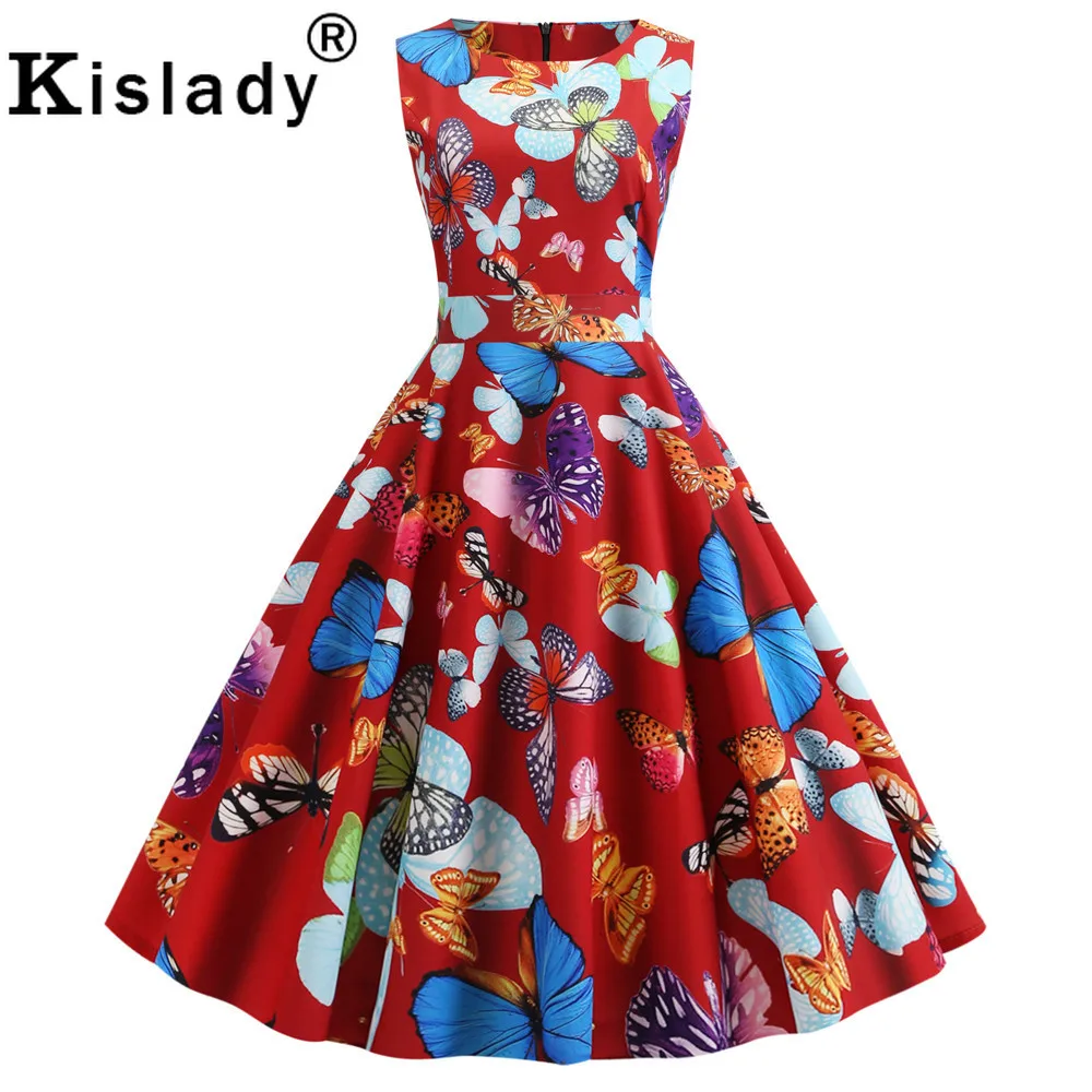 50s 60s Summer Women's Floral Print Vintage Dress Butterfly Sleeveless OL Swing Party Sexy Hepburn Beach Vestidos | Женская одежда