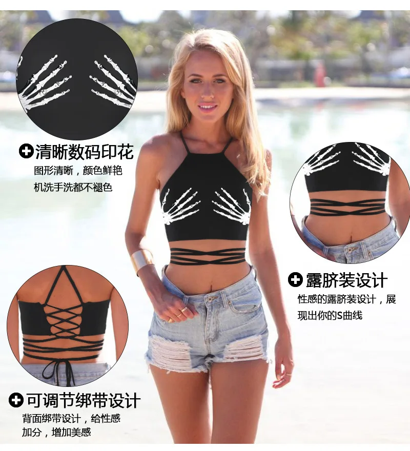 2019 popular style skulls hold chest 3D prints show umbilical body repair cross-tie with cute little waistcoat sexy trend woman | Женская