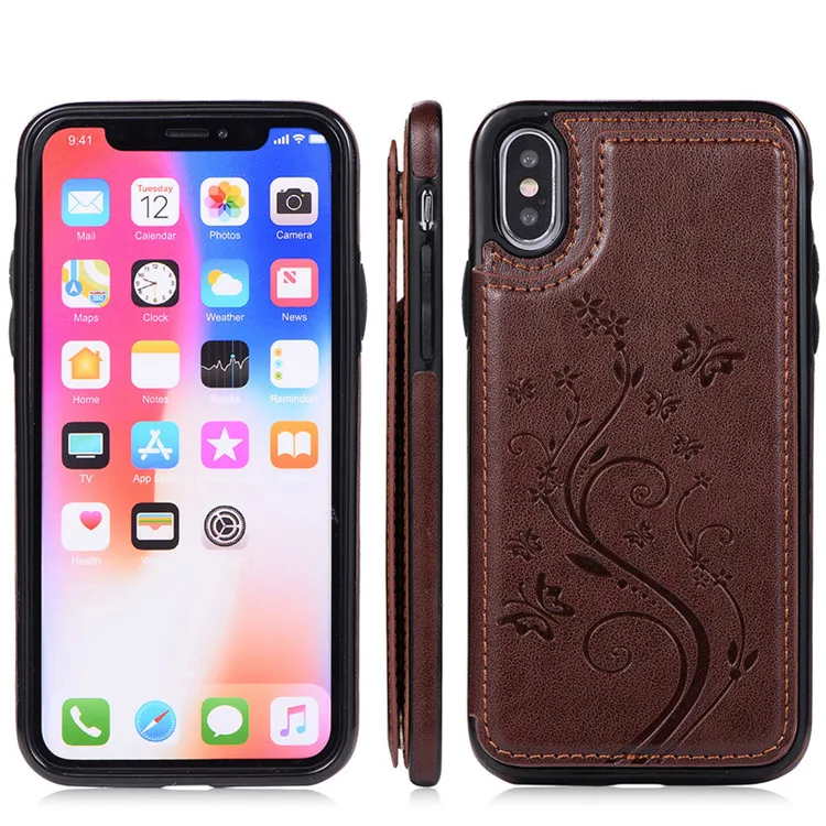 Brown Tikitaka Butterfly Pattern Wallet Case For iPhone 7 8 Plus XR XS Max Magnet Leather Flip Cases For iPhoneX 7Plus 6 6S Plus Cover - Color: Brown