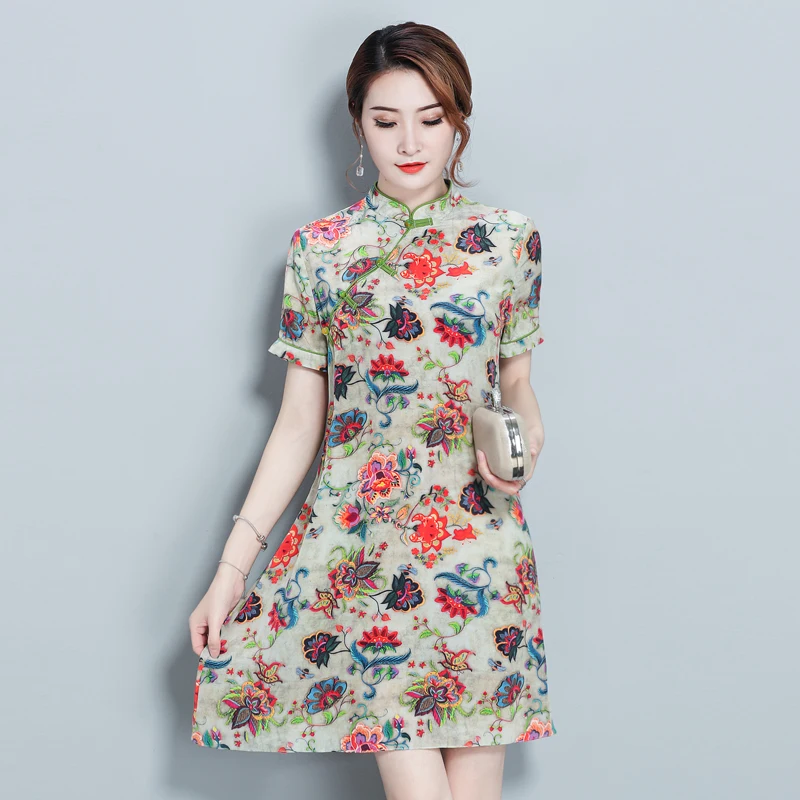 Cheongsam Китайский Стиль платье 2018 новые летние женские с короткими рукавами атлас