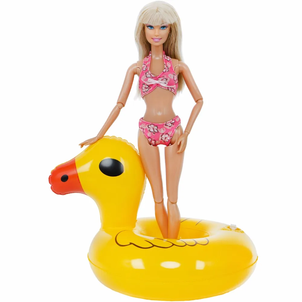 2 Items =1x Pink Swimsuit Beach Bathing Bikini Swimwear + 1x Yellow Duck Swimming Lifebuoy Pool Accessories For Barbie Doll Toys | Игрушки и