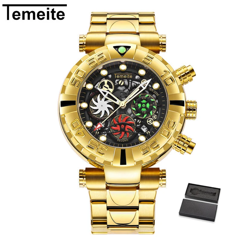 Temeite 4 with box Relogio Temeite бизнес часы мужские роскошные модные креативные кварцевые часы водонепроницаемые наручные часы Спортивные Хронограф masculino - Цвет: Temeite 4 with box