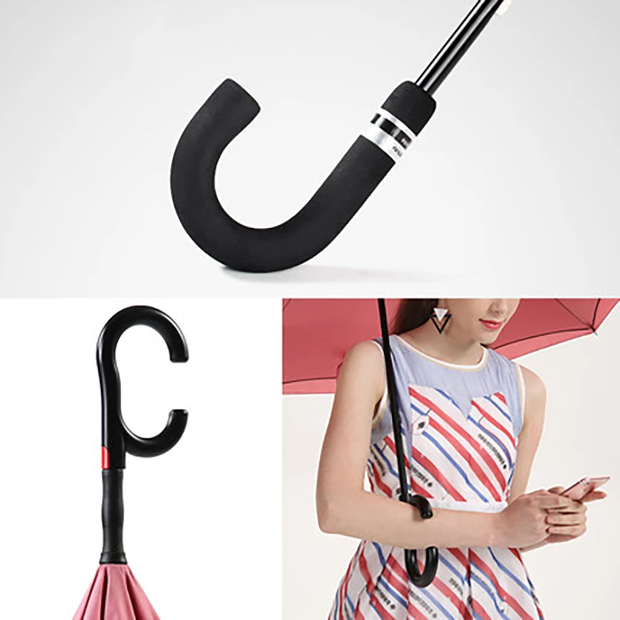 Цвет Изменение двойной Hands Free длинная ручка с зонтиком розовый для женщин Большой обратный Зонт