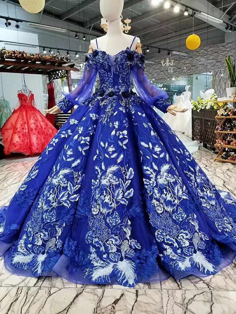 AOLANES 2018 New Blue Lace Appliques Court Train Evening Dresses Ball Gown Long SLeeves Floor-length Illusion Party Prom Dress | Свадьбы и