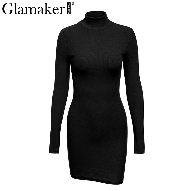 Черный Glamaker, сексуальное трикотажное платье с высоким воротом, женское летнее облегающее черное платье, женские вечерние облегающие весенние платья с длинным рукавом - Цвет: Черный