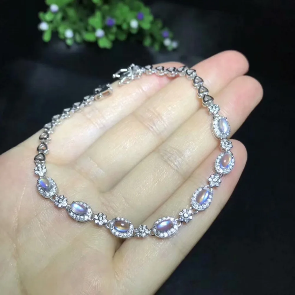 

natural blue moonstone gem Bracelet Natural gemstone bracelet S925 silver fashion Elegant round Plum blossom women party jewelry